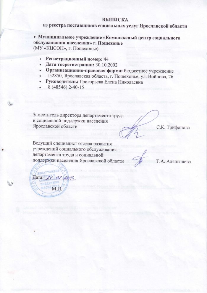 Выписка из реестра поставщиков социальных услуг Ярославской области